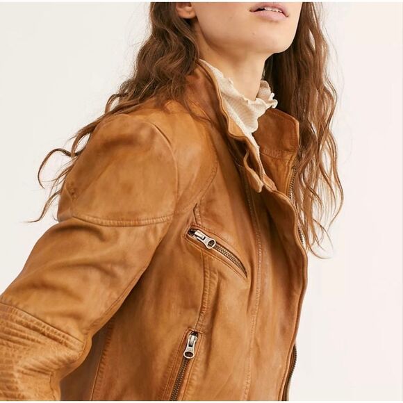 Free People Rugged Leather Jacket Camel Small 100% Lamb Leather - Picture 4 of 15